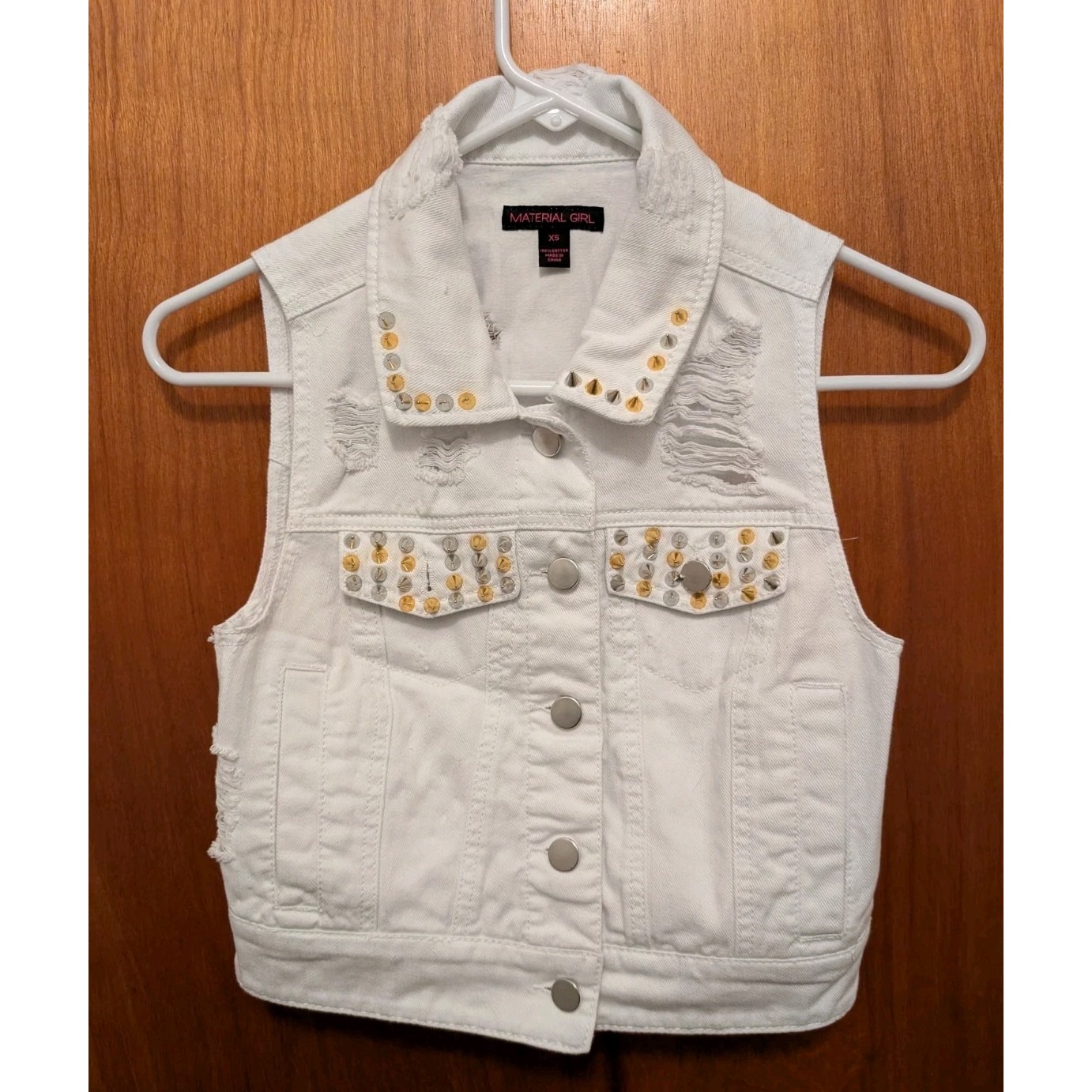 Material Girl White Rocker Distressed Denim Vest Spikes Sleeveless Size Xs Girls